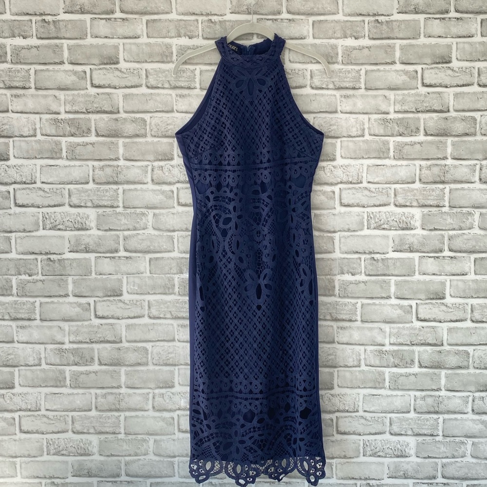 Quiz High Neck Lace Dress in Navy